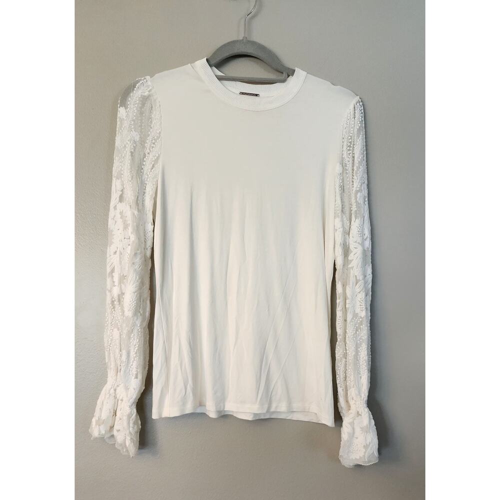 Elie Tahari Hamani Lace-Sleeve Sweater lace sleeves cotton‎ silk womens sz small